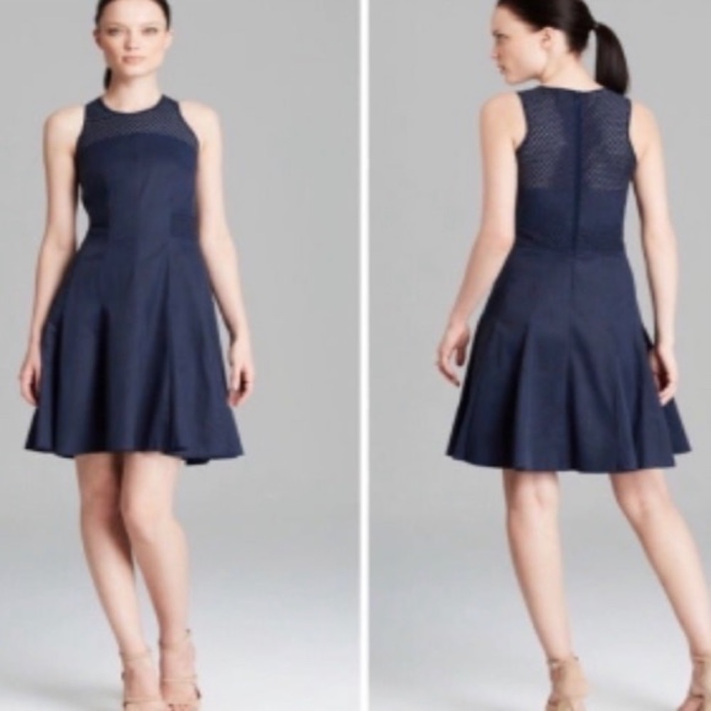 Rebecca Taylor Laser Cut Fit And Flare Dress Navy Sleeveless Cupro Blend Size 12